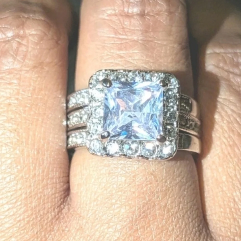 Womens 5ct Princess Cut Lab Created Diamond Halo Trio Wedding Ring Sz 7.5